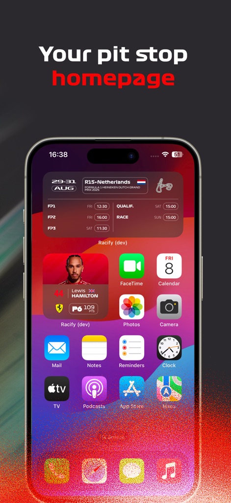 Racify - Users can transform their iPhone home screen into an F1 dashboard, featuring a Next Race Countdown widget and a dedicated Favorite Driver widget for instant updates.