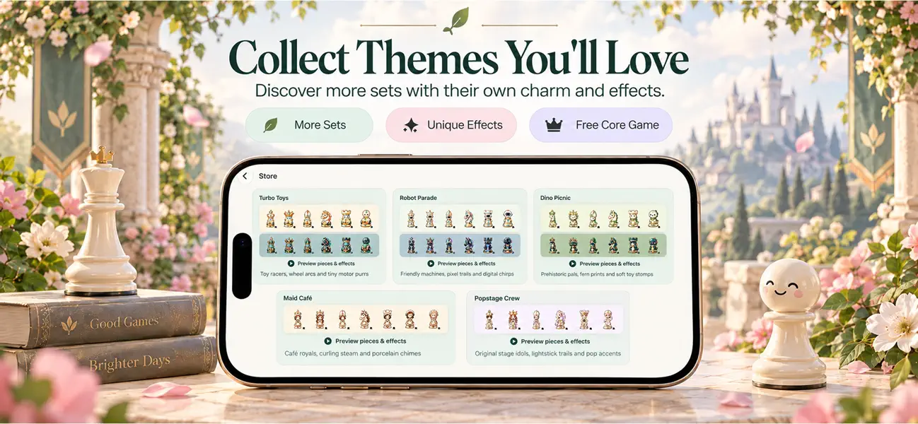 Pawnpetal Chess: Online & Bot iPhone & iPad interface for Your next chess match, in a softer world, from the official App Store gallery