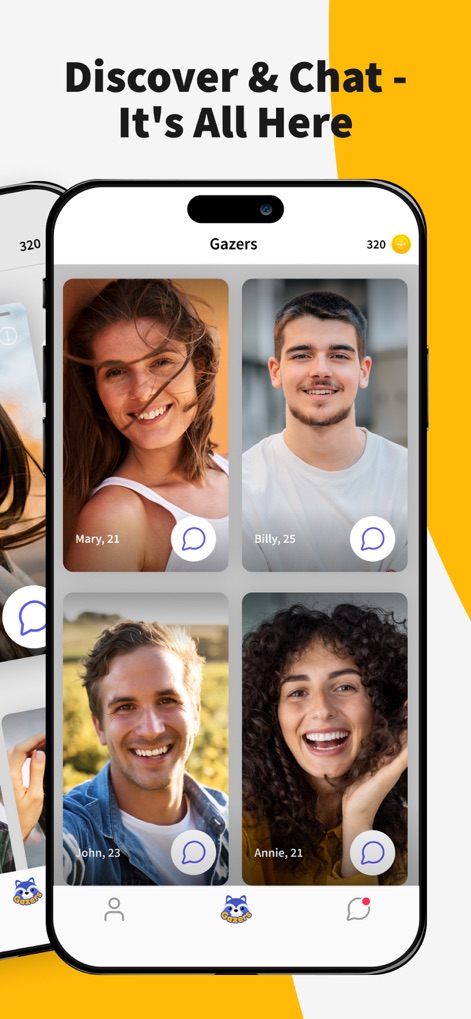 Gaze: Live Video Chat App - Gli utenti possono scoprire una vivace comunità di "Gazers" attraverso un'interfaccia a griglia, dove ogni profilo come "Mary, 21" e "Billy, 25" mostra chiaramente la possibilità di avviare una conversazione tramite l'icona della chat.