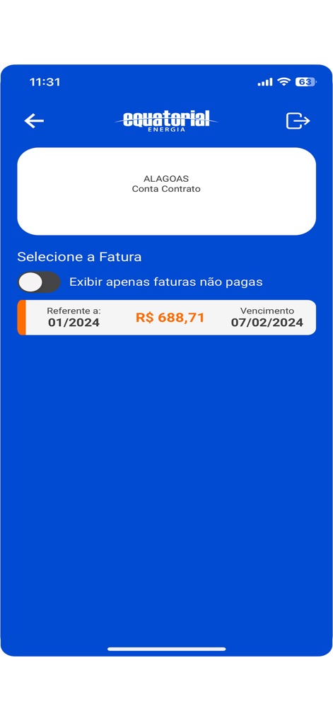 Equatorial Energia - Los usuarios pueden seleccionar facturas, con la opción de filtrar 'Exibir apenas faturas não pagas', mostrando detalles importantes como el monto 'R$ 688,71' y la fecha de vencimiento.