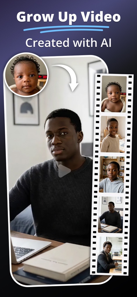 MePic－AI Photo Video Generator - This tool offers an AI-powered growth video feature, evolving a baby's image into an adult's, complete with a filmstrip preview of each age.