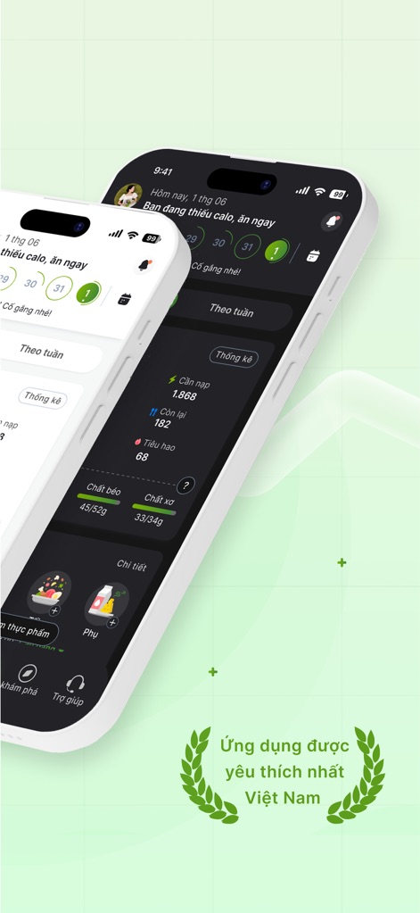 Caloer - Tính Calo & Giảm Cân - Users can monitor their daily progress with an intuitive calendar view, while the app proudly displays its recognition as Vietnam's most loved health tool.