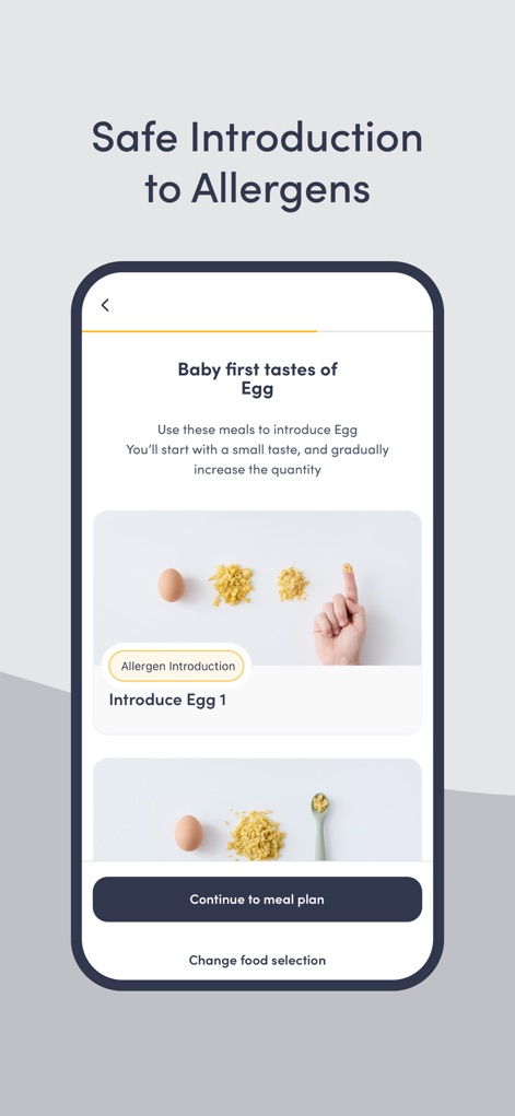 Solid Starts: Baby First Foods - La aplicación guía paso a paso la "Introducción de Alérgenos" con ejemplos como el huevo, mostrando visualmente cómo ofrecer "pequeñas cantidades" para que los bebés desarrollen confianza con cada nuevo sabor.