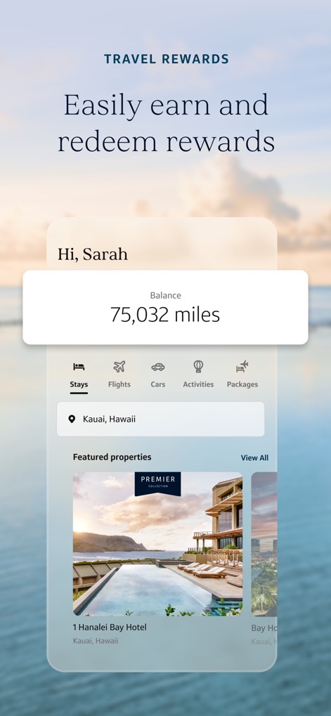 Capital One Travel - Les utilisateurs peuvent visualiser leur "solde de miles" et explorer les "propriétés vedettes" pour maximiser leurs récompenses.