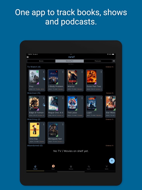 ranxt - track books, movies,tv iPad screenshot 3 - Entertainment app