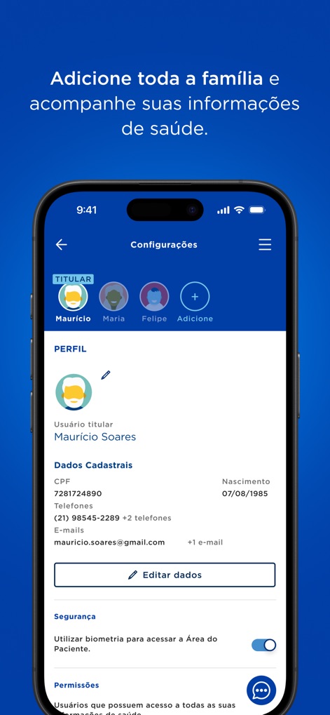 Rede D'Or - Users can conveniently manage their personal profile details and add family members, centralizing health information for dependents within the app.