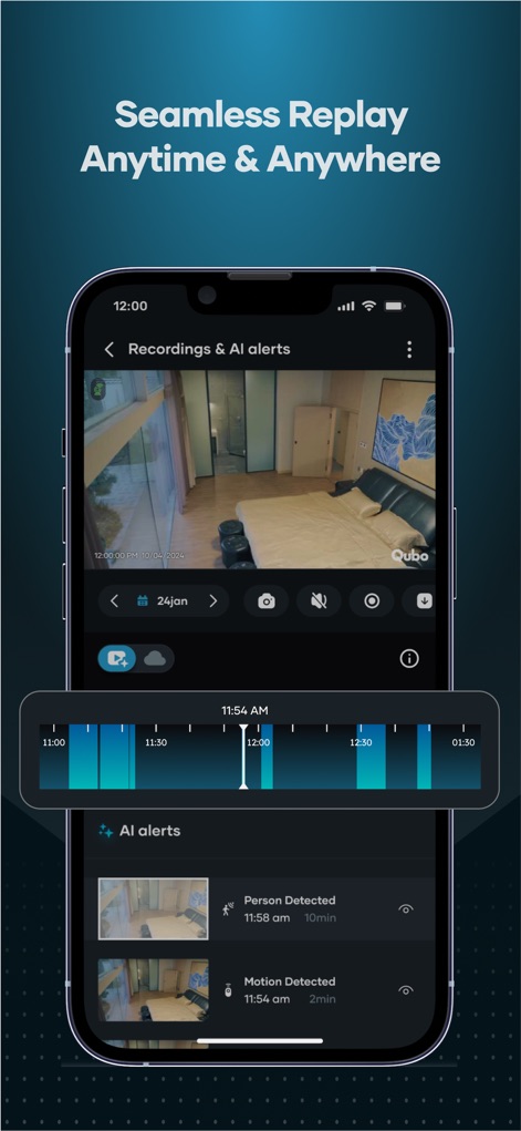 Qubo - Dieses Tool bietet eine detaillierte Zeitachse für Aufnahmen (X), die eine einfache Navigation ermöglicht, und listet alle zugehörigen KI-Warnungen (Y) für eine schnelle Überprüfung auf.