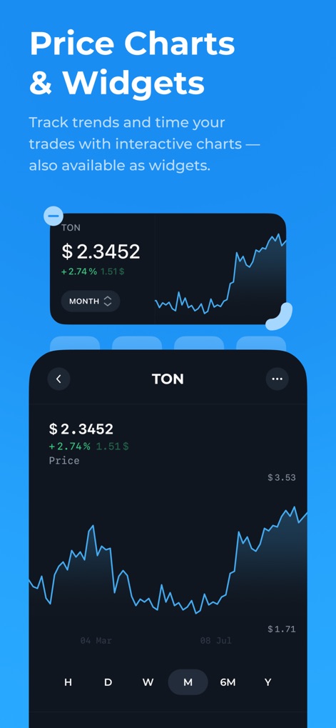 Tonkeeper — TON Wallet - The app provides comprehensive market analysis through interactive 'Price Charts', allowing users to track asset performance with customizable 'timeframes' like 'Month' or '6M'.