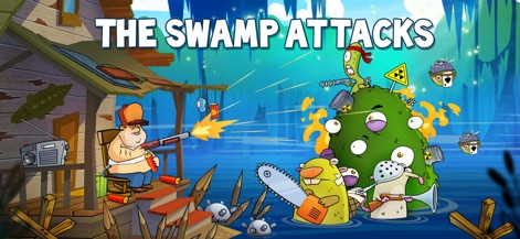 Swamp Attack - Dieses Bild stellt den entschlossenen Verteidiger auf seiner Veranda dar, der sich einer Invasion von mutierten Kreaturen mit einer Schrotflinte entgegenstellt, während die vielseitige Bedrohung durch mutierte Kreaturen und fliegende Objekte das chaotische Gameplay ankündigt.