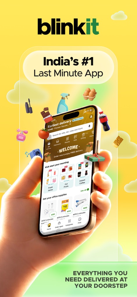 Blinkit: Groceries & more - The app's vibrant home screen showcases quick access to 'Fresh fruits' and 'Instant coffee' for immediate needs.