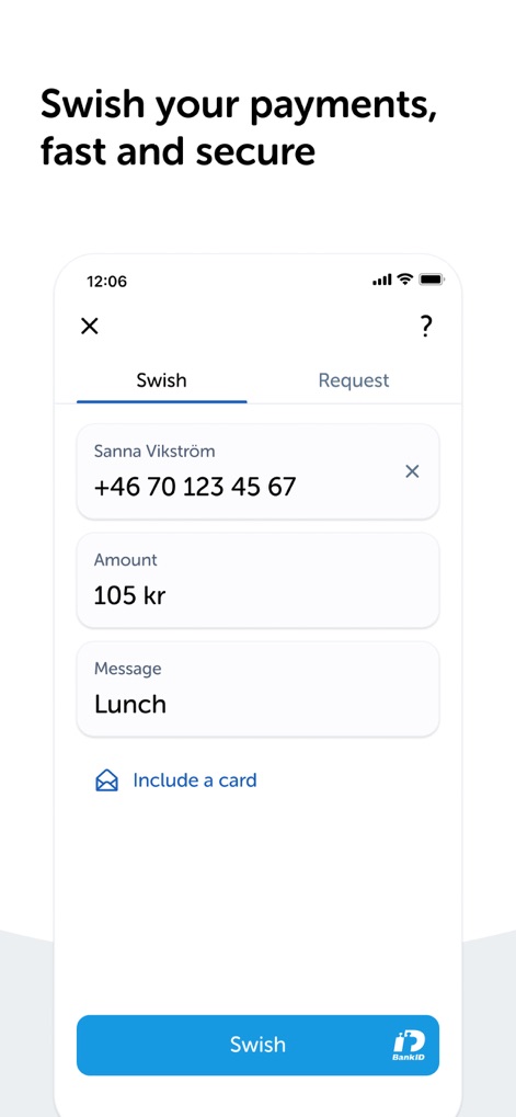 Swish payments - The app enables quick and secure payments, featuring clear input fields for recipient details and amounts, and integrating seamlessly with BankID for authentication.