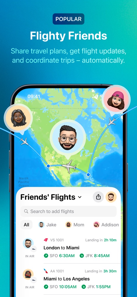 Flighty – Live Flight Tracker - Mit „Flighty Friends“ können Nutzer Reisepläne unkompliziert teilen, was durch die visuelle Darstellung der „Freunde auf einer Karte“ und die „Liste ihrer aktuellen Flüge“ erleichtert wird.