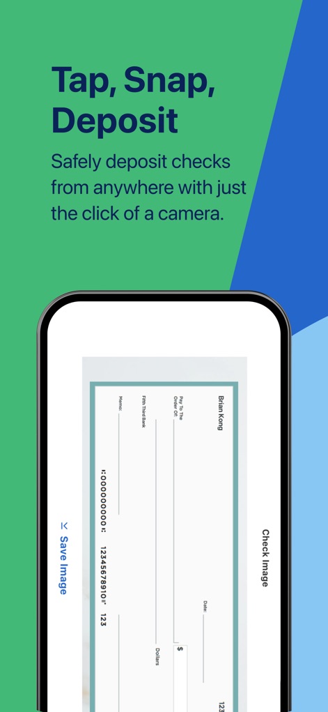 Fifth Third: 53 Mobile Banking - The app streamlines banking tasks with its mobile check deposit feature, visually presenting the check image and a 'Save image' option.