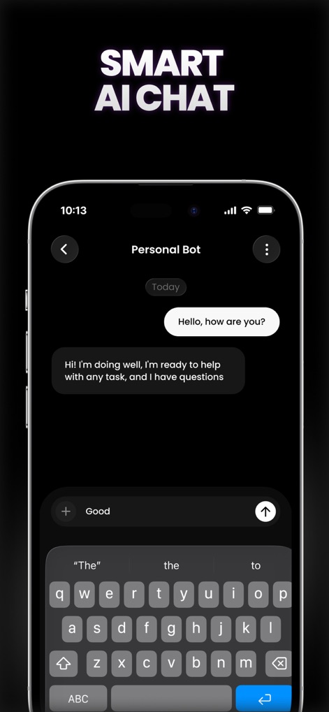 BlackHole Video Save - Die App integriert einen intelligenten "Personal Bot" in einem aufgeräumten Chat-Interface, das eine nahtlose Interaktion ermöglicht, und die sichtbare Tastatur erleichtert die schnelle Eingabe von Nachrichten.
