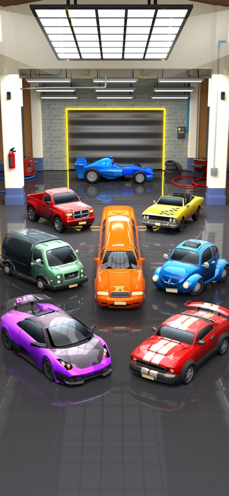 Bus Mania - Car Parking Jam - Esta captura de tela revela uma garagem moderna e bem iluminada, exibindo uma coleção diversificada de carros esportivos e veículos utilitários para os jogadores desbloquearem e coletarem.