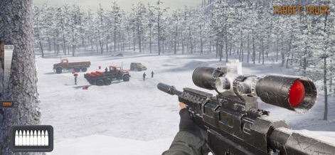 Sniper 3D: Gun Shooting Games - Experience tactical missions in diverse environments, showcasing both the detailed sniper rifle and the target trucks amidst a snowy landscape.