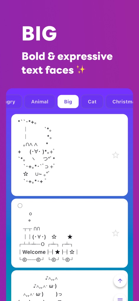 Kaomoji – Kawaii Emoji App - Esta captura revela a categoria "BIG", oferecendo kaomojis maiores e "expressivos" que ocupam várias linhas, como os visíveis, para um impacto visual ainda maior.