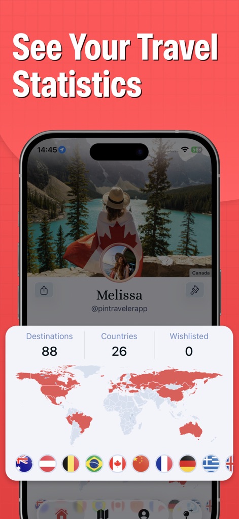 Pin Traveler: Track Travel Map - View the personalized statistics dashboard, presenting a user's 'Destinations' and 'Countries' visited, along with an engaging world map and a row of country 'flags' representing visited nations.