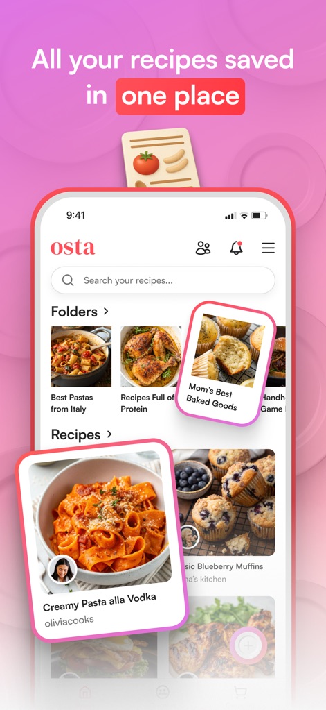 Osta: Save & Share Recipes - Explore the app's intuitive interface where users can view organized recipe folders and individual recipe cards, making meal planning effortless.