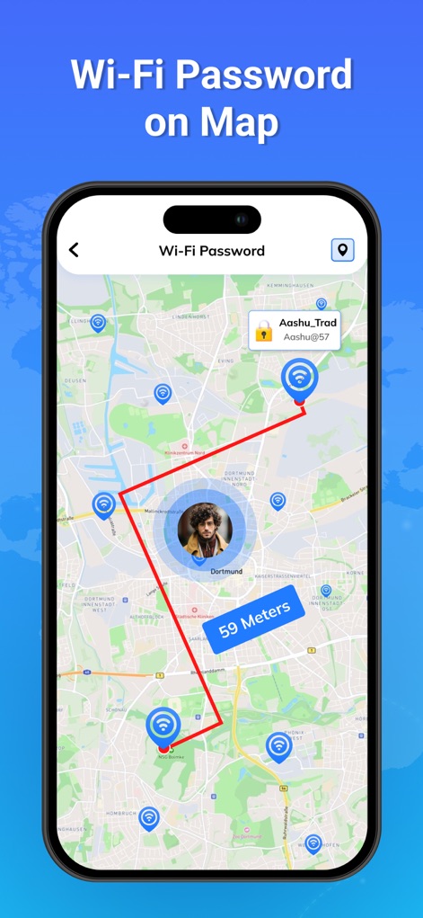 Wifi Password on Map Wifi View - The app guides users with a clear path on the map from their current location, indicating the distance to chosen Wi-Fi hotspots like "59 Meters."