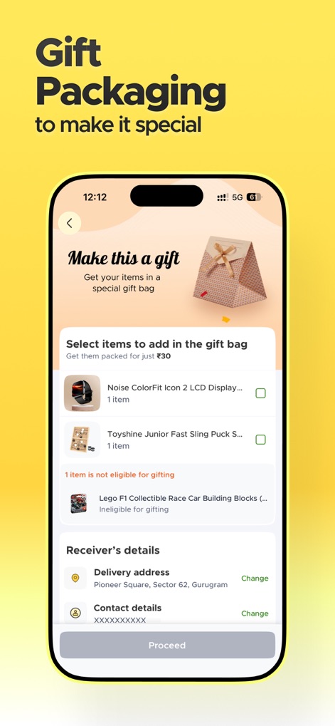 Blinkit: Groceries & more - This feature allows users to 'Select items to add in the gift bag' and customize 'Receiver's details' for a personalized delivery experience.
