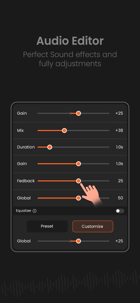AudioLab Audio Editor Recorder - Los usuarios pueden refinar el sonido con controles deslizantes para parámetros como 'Gain' y 'Mix', y acceder a opciones de ecualización avanzada que incluyen ajustes 'Preset' y 'Customize'.