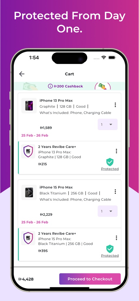 Revibe - Renewed Electronics - Esta interface mostra os itens adicionados ao carrinho, como o "iPhone 13 Pro Max" e "iPhone 15 Pro Max", com a opção de incluir a garantia "2 Years Revibe Care+" antes de prosseguir para "Proceed to Checkout".