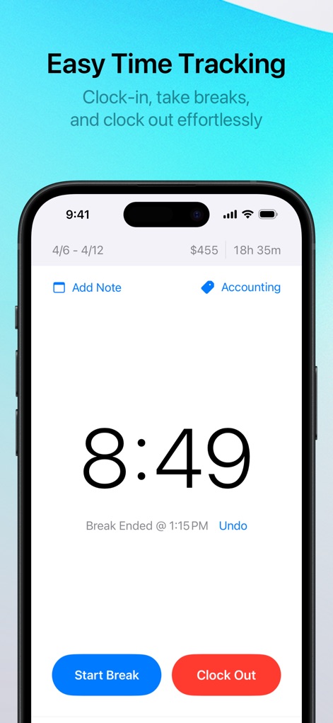 Punch Time Clock - The app simplifies time management with a prominent digital clock display and clear "Start Break" and "Clock Out" action buttons.