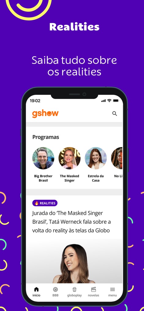 gshow: novelas, realities e + - The app provides a comprehensive overview of popular reality shows, displaying an organized program list and featuring in-depth articles on key personalities and events.