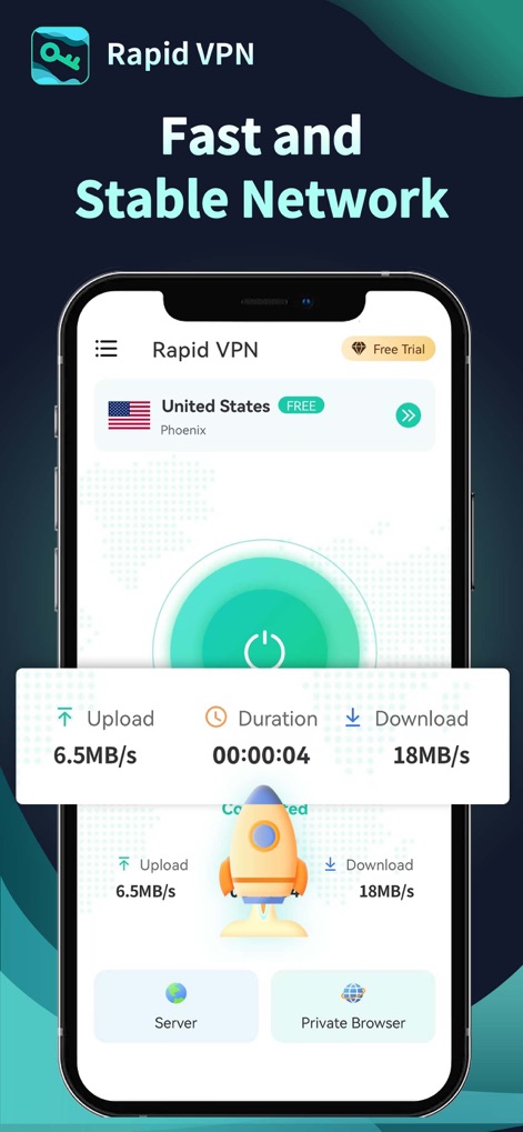 Rapid VPN - Safe & Fast Proxy - Users can observe the rapid connection speeds and monitor data flow through the prominent connection button and live upload/download metrics.