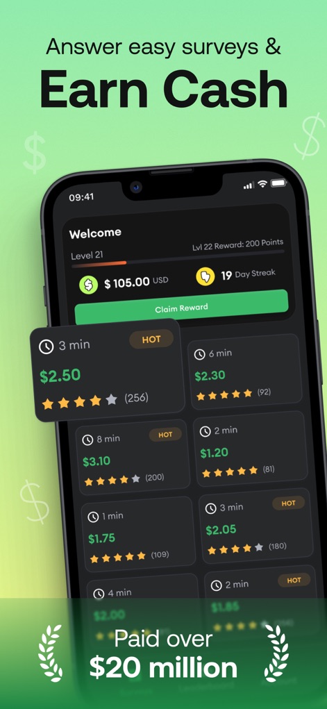 HeyCash - Earn Free Cash Now - O aplicativo HeyCash apresenta uma interface clara para os usuários explorarem diversas oportunidades, exibindo o saldo atual na seção 'Welcome' e uma lista de pesquisas disponíveis com seus respectivos valores em dólares.