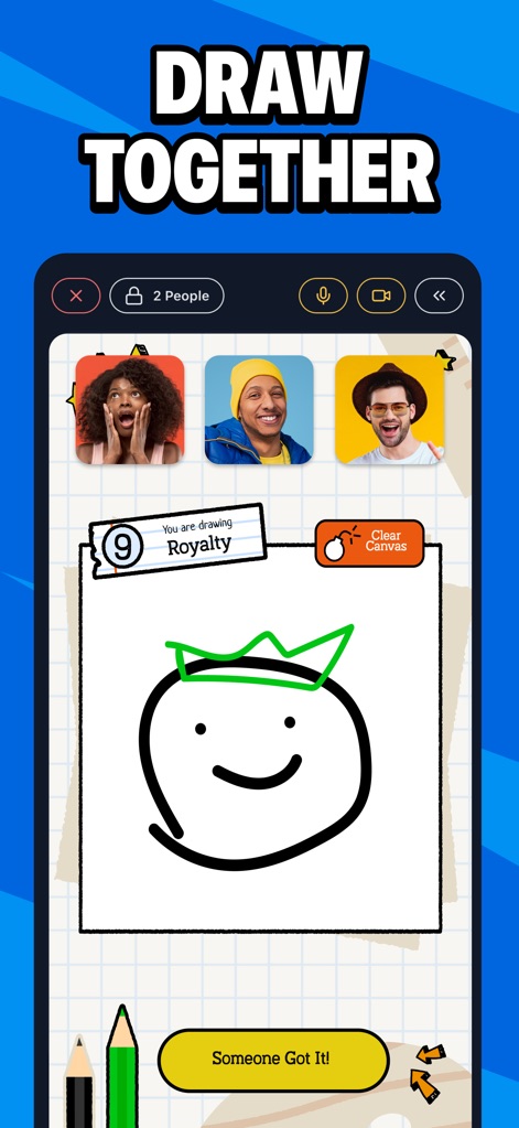 Bunch is MiniParty! - Disfruta de la creatividad compartida con el juego "Draw Together" (X), donde los usuarios pueden adivinar dibujos en tiempo real mientras chatean por video (Y).