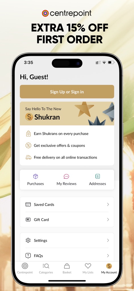 Centrepoint Online Shopping - This interface provides a comprehensive account management system, featuring the 'Shukran' loyalty program for rewards and direct access to 'Purchases' and 'Addresses'.