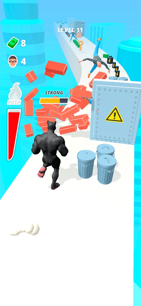 Muscle Rush - Destruction Run - See how the muscular black character smashes through multiple brick walls, demonstrating the app's satisfying destruction physics and progression.