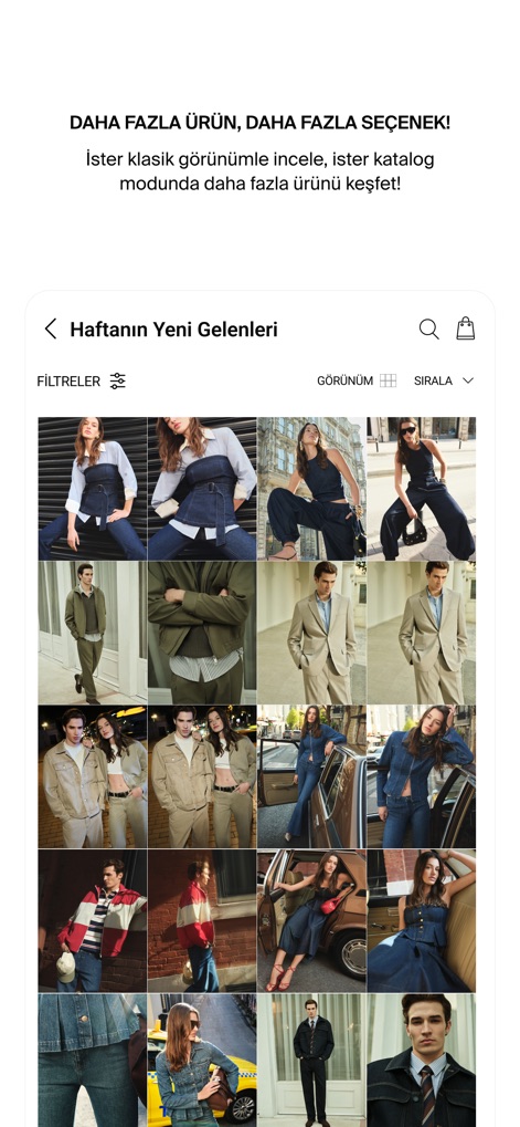 Koton:Giyim Alışveriş Sitesi - La aplicación exhibe un catálogo extenso de productos en un formato de cuadrícula compacta, permitiendo a los usuarios visualizar una gran cantidad de opciones de vestuario y explorar diversas combinaciones.