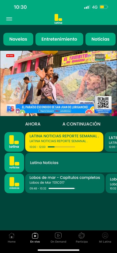 Latina - Experience dynamic live streaming with interactive elements like the displayed QR code and a clear program schedule showing 'Ahora' and 'A Continuación'.