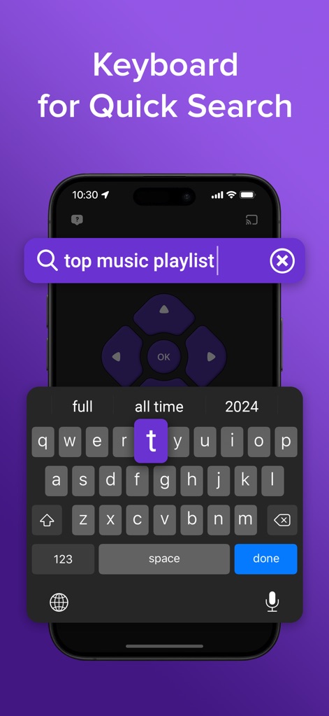 TV Remote & Smart TV Control - This tool offers a full QWERTY keyboard for quick text input, seamlessly integrated with the search bar to find content faster.