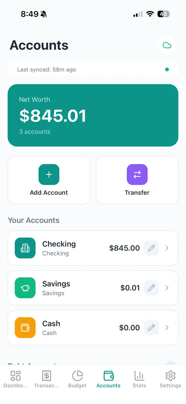 Mango Budget accounts screen