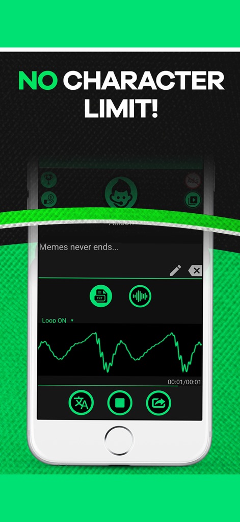 Narrator's Voice - 이 앱은 '텍스트 입력 필드'에서 글자 수 제한 없이 긴 텍스트를 입력할 수 있게 하며, 생성된 오디오의 '오디오 파형'을 시각적으로 보여줍니다.