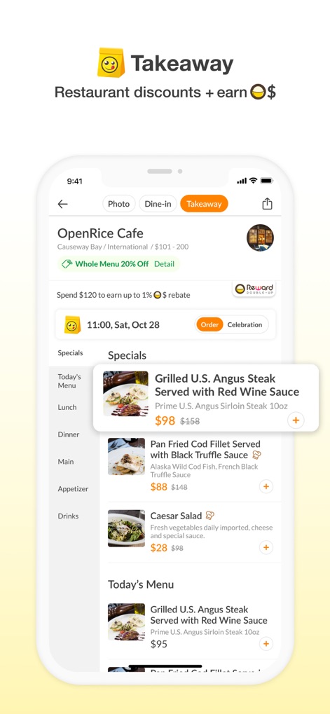 OpenRice - The takeaway interface simplifies meal selection, presenting a detailed 'Today's Menu' with clear pricing and special offers for efficient ordering.
