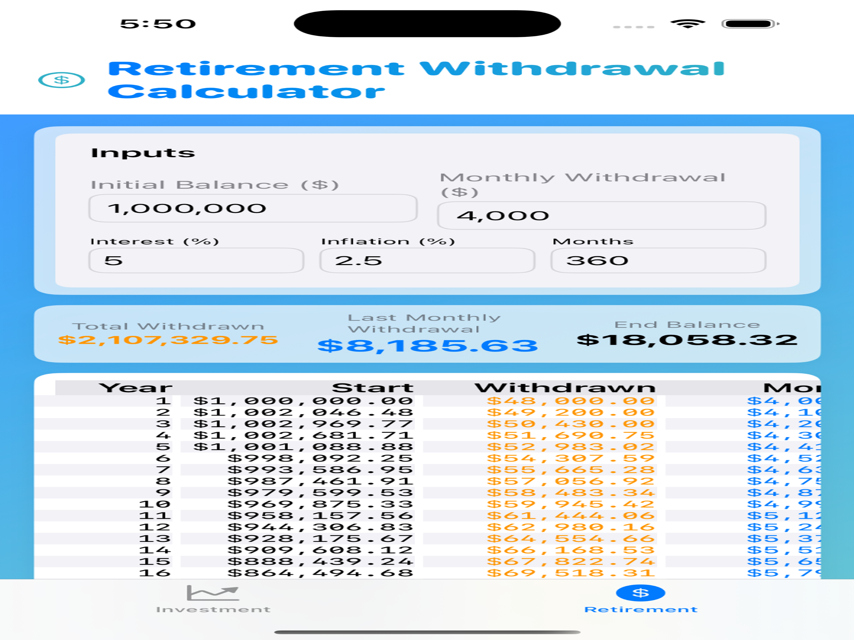 Investment & Retirement Calc