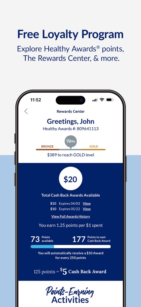 The Vitamin Shoppe - VShoppe - Users can track 'Healthy Awards points' progress and view their available 'Cash Back Awards' in a dedicated rewards hub.