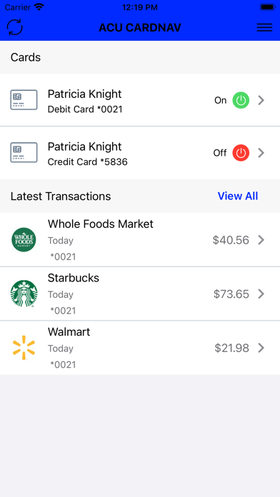 Advantage CU CardNav Screenshot