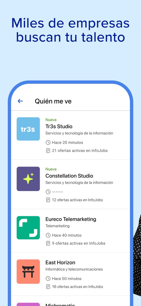 InfoJobs - Trabajo y Empleo - Dieses Feature zeigt Nutzern, welche Unternehmen ihr Profil angesehen haben, mit Informationen wie dem Firmenlogo und der Anzahl der aktiven Stellenangebote, die ihr Interesse bekunden.