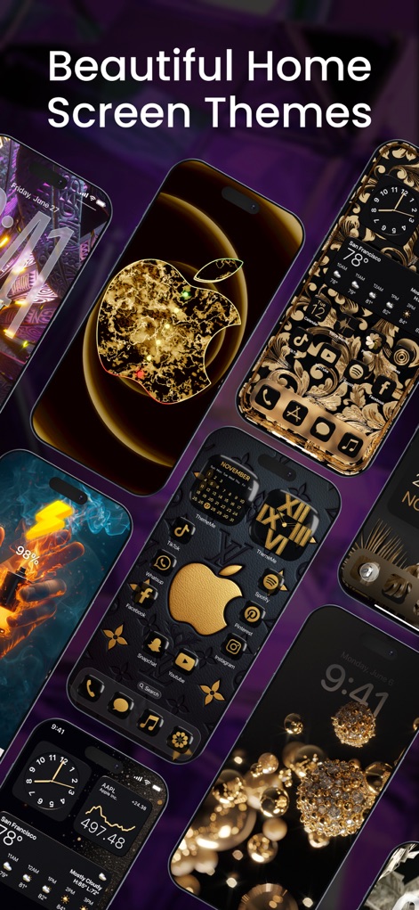 ThemeMe: Top Widgets & Themes - Die App präsentiert eine Galerie luxuriöser Schwarz-Gold-Designs, die kunstvolle Muster und ein stilisiertes Apple-Logo für eine elegante Ästhetik vereinen.
