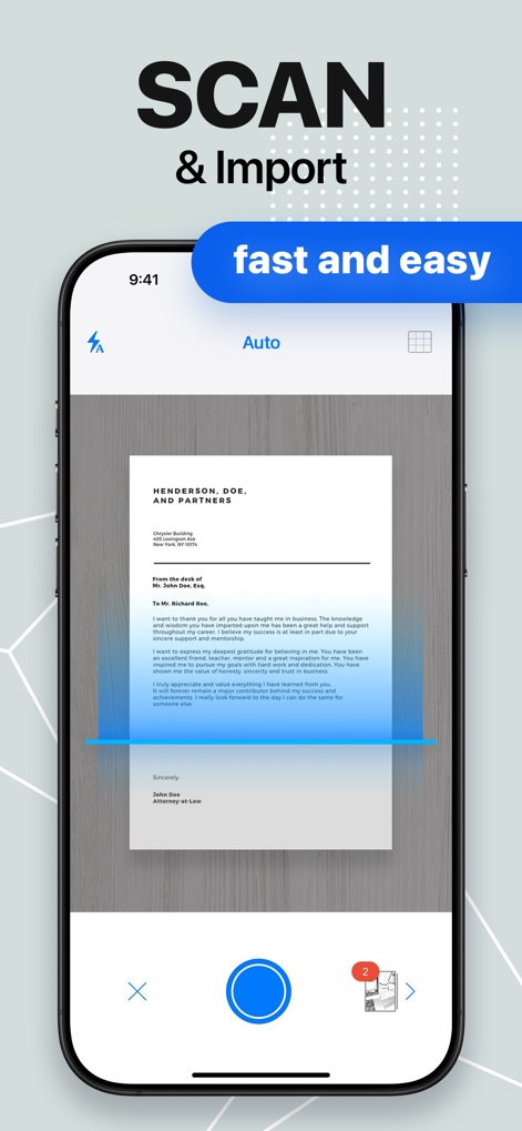 FaxFree: Send Fax From iPhone - The app features an integrated 'SCAN & Import' function, demonstrating its advanced automatic edge detection and quick, user-friendly scanning capabilities for documents.