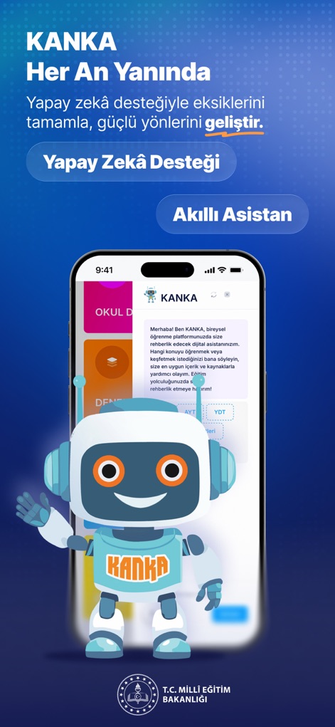 MEBİ - 本アプリは、ユーザーの学習をサポートするAIアシスタントKANKAを搭載しており、個別の質問に答えます。画面には、スマートな対話型アシスタントを示す「Akıllı Asistan」ボタンが視覚的に提示されています。
