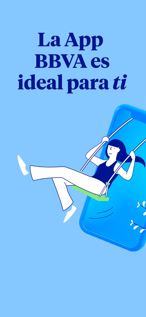 BBVA Perú | Banca Móvil - ユーザーがスマートフォン上でブランコに乗っているイラストと、「La App BBVA es ideal para ti」というキャッチフレーズが、本アプリの利便性と親しみやすさを視覚的に伝えています。
