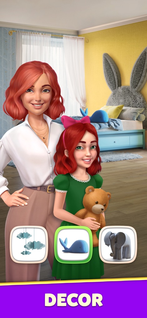 Design Masters: Home Simulator - La aplicación permite personalizar habitaciones infantiles, ofreciendo opciones de decoración como los adorables peluches de ballena y elefante, y la interacción con personajes entrañables.