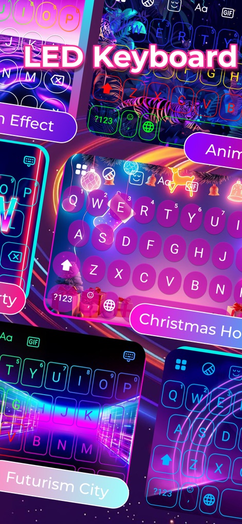 LED Keyboard - RGB Theme - The app presents a dazzling array of distinct RGB keyboard themes, featuring dynamic lighting effects that transform the typing experience.